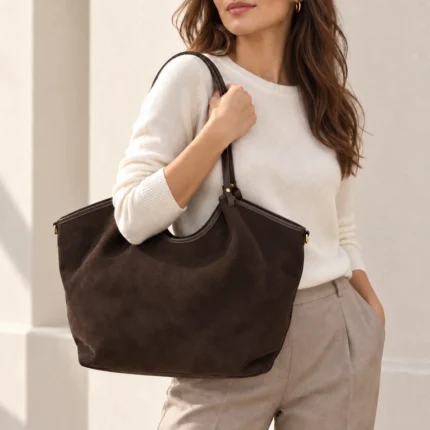 86025-SUEDE tamsiai ruda verstos odos rankinė ant modelio