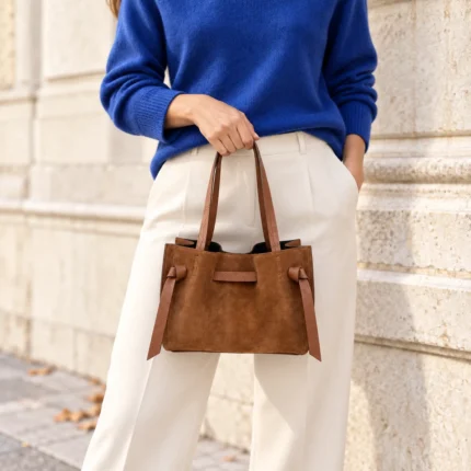 Verstos odos rankinė #86149 SUEDE – ruda rankinė ant modelio