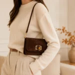 FLCOM85793 SUEDE Šokolado spalvos itališka verstos odos rankinė 85793 SUEDE ant modelio