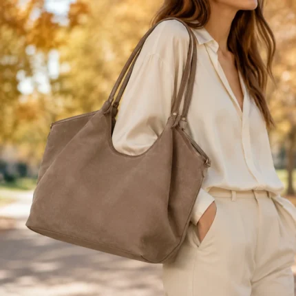 FLCOM86025 SUEDE Kapučino itališka verstos odos rankinė 86025 SUEDE ant modelio