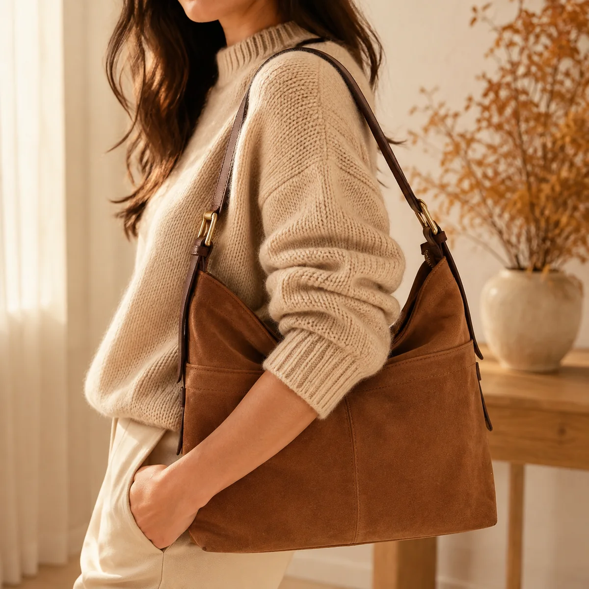 FLCOM86041 SUEDE model FLCOM86041 SUEDE Ruda itališka verstos odos rankinė 86041 SUEDE ant modelio