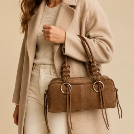 FLCOM86052 SUEDE Kapučino itališka verstos odos rankinė 86052 SUEDE ant modelio