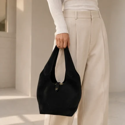 FLCOM86134 SUEDE 18 × 23 × 18 cm juoda verstos odos rankinė su modeliu