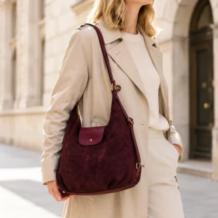 GDACOM154930 bordo 33 × 14 × 31 cm zomšinė odinė rankinė ant vieno peties su modeliu