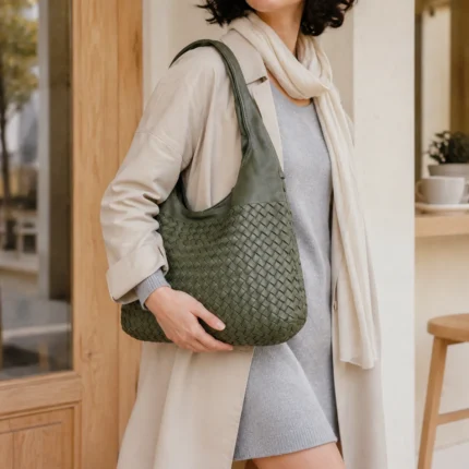 NMCOMLA-B0285 samanų žalia 39 × 29 cm pinta odinė rankinė su modeliu