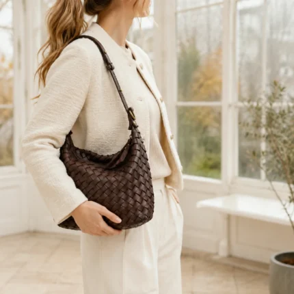 NMCOMLA-B0305 tamsiai ruda 36 × 13 × 24 cm pinta odinė rankinė su modeliu