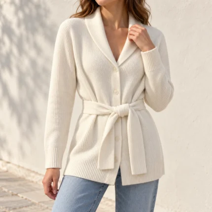 Merino vilnos ir kašmyro kardiganas su diržu (TU) – CLE01-12068 – ant modelio