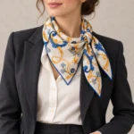 Vilnonė skara Vittoria, 70 × 70 cm – skara ant modelio